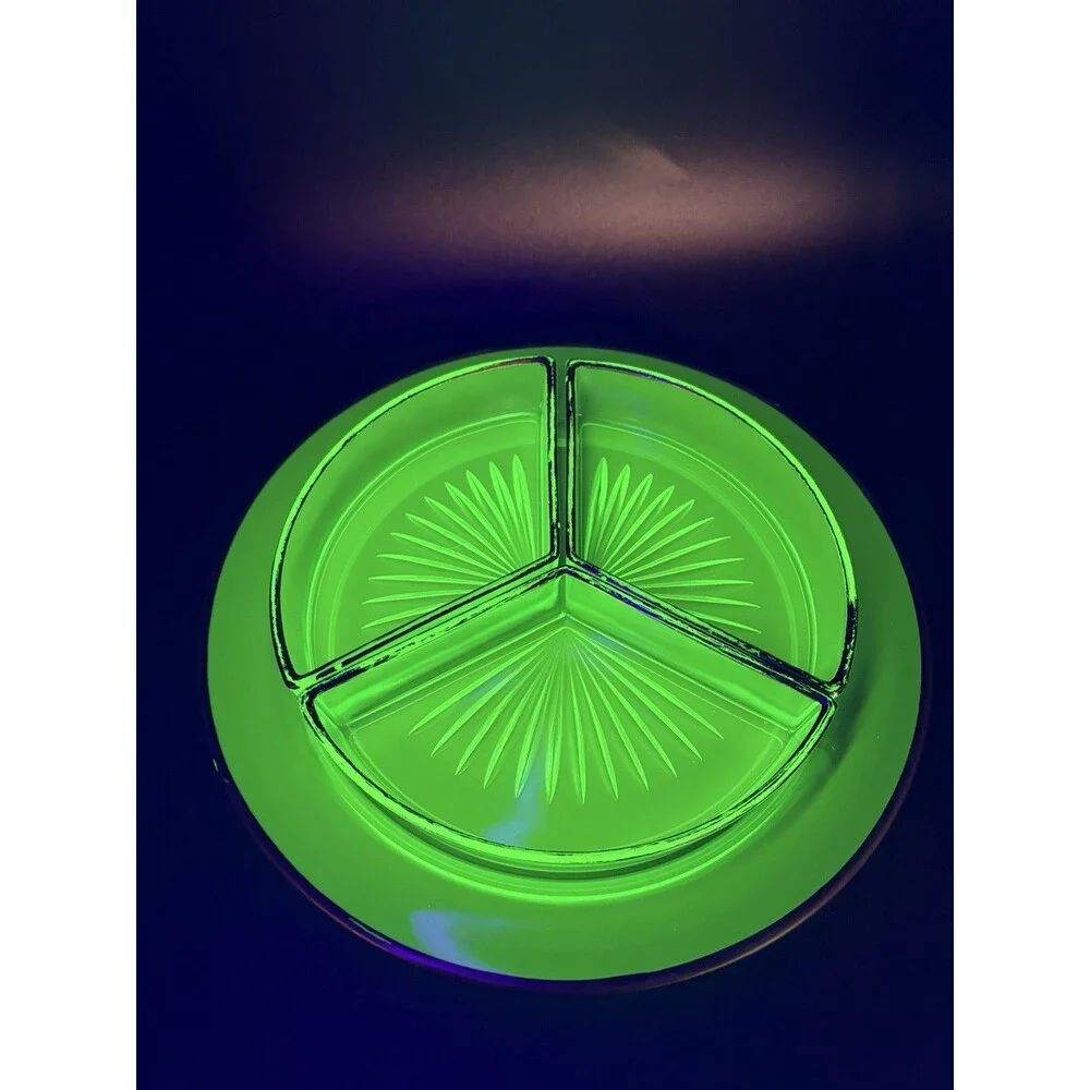 Vintage Green Depression Uranium Glass 4 Piece Large Silver Divided Dish Glow